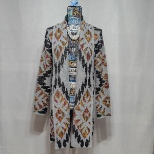 Woven Heart Geometric Patterned Cardigan - Cream, Black, Orange